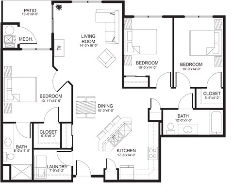 Floor plan for 3 beds, 2 baths, 1261 sqft